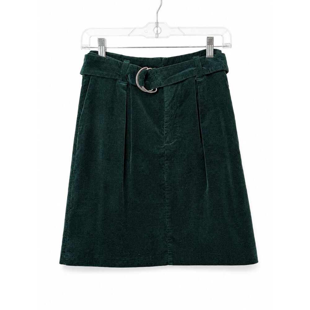 Cremieux Women's Forest Green Corduroy Mini Skirt Size 0 Belted Cotton Stretch